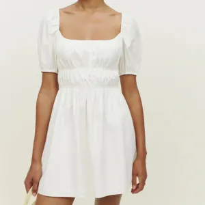 Reformation Woods White Puff Sleeve Smocked Bodice Mini Dress (size L)