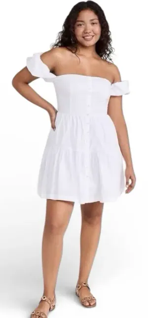 STAUD Elio White Off the Shoulder Mini Dress (size 16)