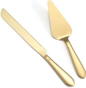 SERVING / FOOD DISPLAY - 2 PIECE GOLD CAKE SERVING SET - KNIFE AND SPATULA