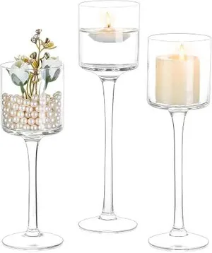 CANDLE HOLDER - Tall Glass Candle Holder: Long Stem Candle Stand 3 Pcs Set - CANDLES RENTED SEPARATELY