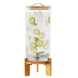 BEVERAGE DISPENSER - 2.9 GALLON GLASS WATER DISPENSER WITH NATURAL WOOD STAND 