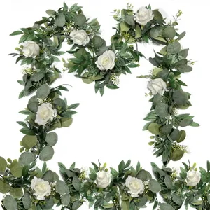 GARLAND - GREENERY - Artificial Spring Eucalyptus Flower Garland with White Roses, 13FT