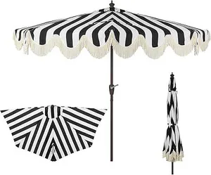 9ft Black and White Striped Half Umbrella with Weighted Base