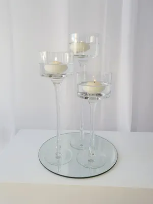 Set of 3 slim stem vases with floating candles on mirror base TP2048 