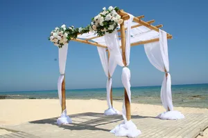 Bamboo gazebo with drapes and flowers CEREMONY ONLY AG2004A 