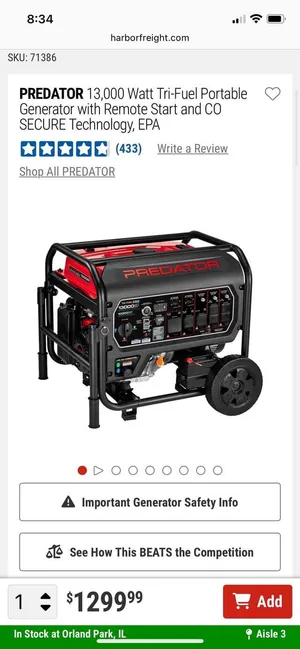 PREDATOR 13000W Tri-Fuel Generator 1