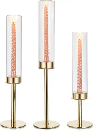 Glasseam Hurricane Gold Candlestick Holder Set of 3