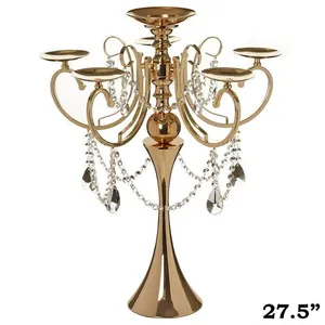 5 Arm Gold Candelabra Hanging Crystal Drops