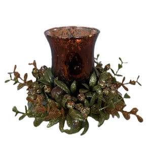 Votive Candle Holder with Gold-Green Faux Greenery