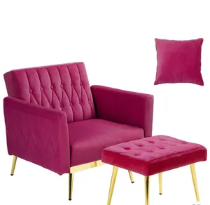 Wide Tufted Fuchsia Velvet Chair & Ottoman 