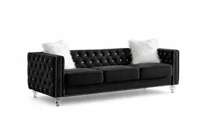Jeweled Button Black Velvet Sofa