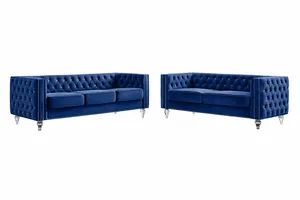 Blue Velvet Tufted Sofa Lounge Set | Acrylic Legs