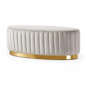 Velvet Grey Ottoman With Gold Trim