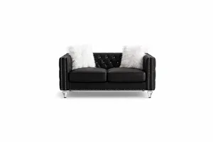 Jeweled Button Velvet Black Loveseat