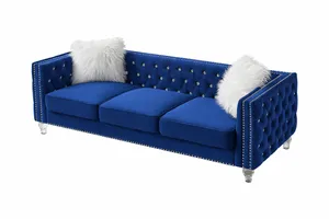 Jeweled Button Tufted Blue Velvet Sofa