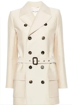 YSL Belted Double-Breasted White Coat