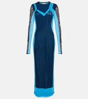 Loewe Blue Mesh Colorblock Printed Long Dress