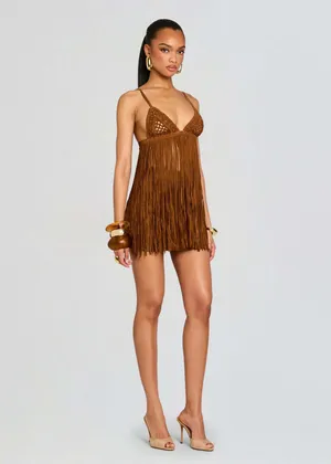Retrofête Jacinta Suede Fringe Bra in Cognac