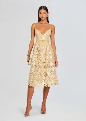 Retrofête Eulalia Sequin Lace Dress in Yuzu