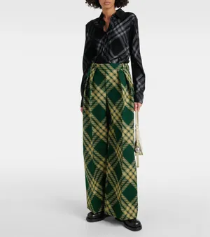 Burberry Checked Wool Twill Wide Leg Pant