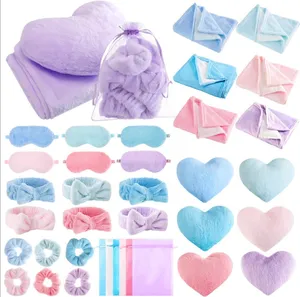 6 Sets of Colorful Throw Blankets, Pillows, Eye Masks, Headbands, Scrunchies