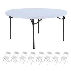 5ft Round Banquet Table & 8 White Folding Chairs