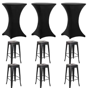 3 Highboy Cocktail Tables + Black Spandex Linens + 6 Black Barstools