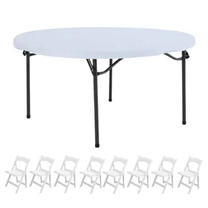 5ft Round Banquet Table & 8 White Padded Resin Folding Chairs