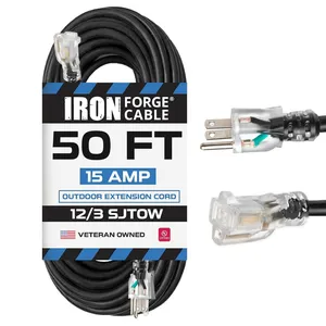  12/3 Gauge Heavy Duty Extension Cord, 50 Ft - Black 15 Amp, Weatherproof Lighted