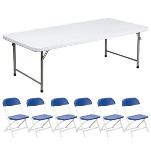 Kids 5ft Table & 6 Blue Plastic Kids Chairs