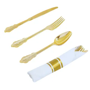 50 Pre Rolled Gold Elegant Plastic Silverware Sets