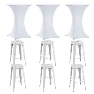3 Highboy Cocktail Tables + White Spandex Linens + 6 White Barstools