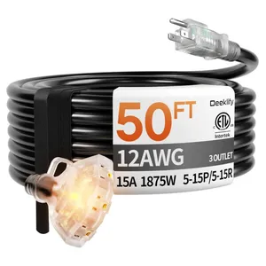 50FT 12 Gauge Black Outdoor Extension Cord with Multiple Outlets