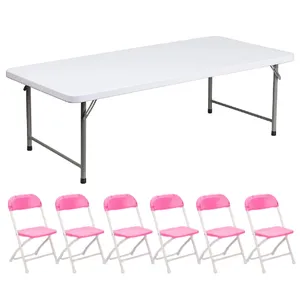 Kids 5ft Table & 6 Pink Plastic Kids Chairs
