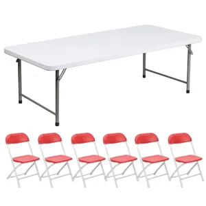 Kids 5ft Table & 6 Red Plastic Kids Chairs