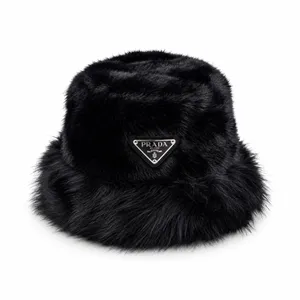 PRADA Shearling faux-fur trim Plaque Bucket Hat