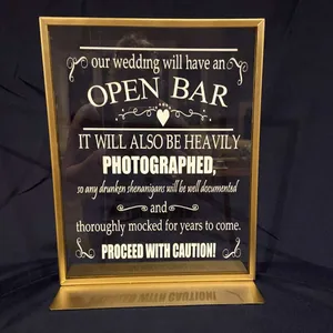 Open Bar Acrylic Sign in Gold Standing Frame