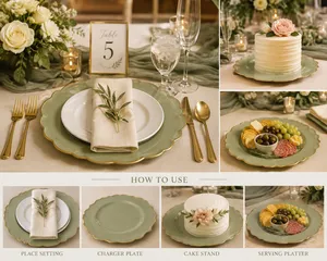 Sage Scalloped Gold-Rim Charger Plates