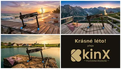 Koláž tří letních scén se strojem F-Machine — moře, hory a český rybník