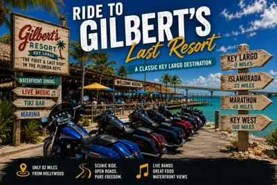 Harley-Davidson motorcycles parked at Gilbert’s Resort in Key Largo, with waterfront dining, live music, palm trees, turquoise water and Florida Keys route signs.