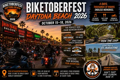 Harley riders cruise through Daytona Beach during Biketoberfest 2026, with Main Street saloons, live music, scenic Loop and St. Augustine rides, and event dates October 15–18.