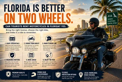 A motorcyclist rides a black touring motorcycle along Florida’s scenic A1A at sunset, with palm trees, ocean views, and tips for tourists renting motorcycles in Florida.