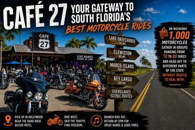 Harley-Davidson motorcycles gathered outside Café 27 beside an open Everglades highway, with route signs pointing toward Lake Okeechobee, Clewiston, Marco Island and Key Largo.
