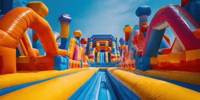 Colorful inflatable bounce houses and water slides designed for backyard birthday parties and family events.