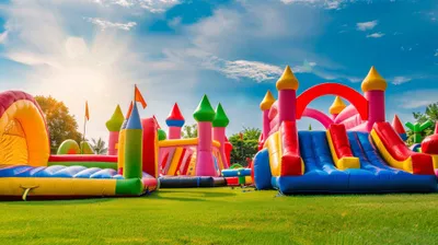 Colorful bounce house and inflatable slide set up for a backyard party
