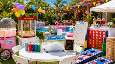 Backyard party setup featuring concession machines, yard games, tables, chairs, beverage station, and event rentals in Indiana
