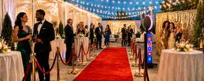 Bright VIP event with a red carpet, gold stanchions, cocktail tables, string lights, well-dressed guests, and a selfie station.