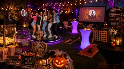 Halloween backyard party with a 360 video booth, LED bistro tables, outdoor movie screen, concessions, yard games, and spooky décor.