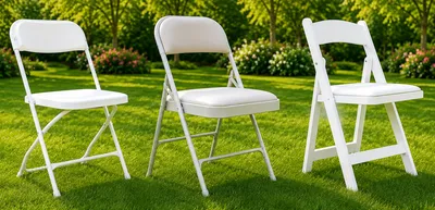 Comparison of all-plastic, padded, and wood padded event chairs displayed outdoors on a grassy lawn.
