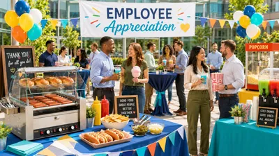 Employee appreciation event with coworkers enjoying hot dogs, popcorn, cotton candy, and frozen drinks at a bright corporate celebration.